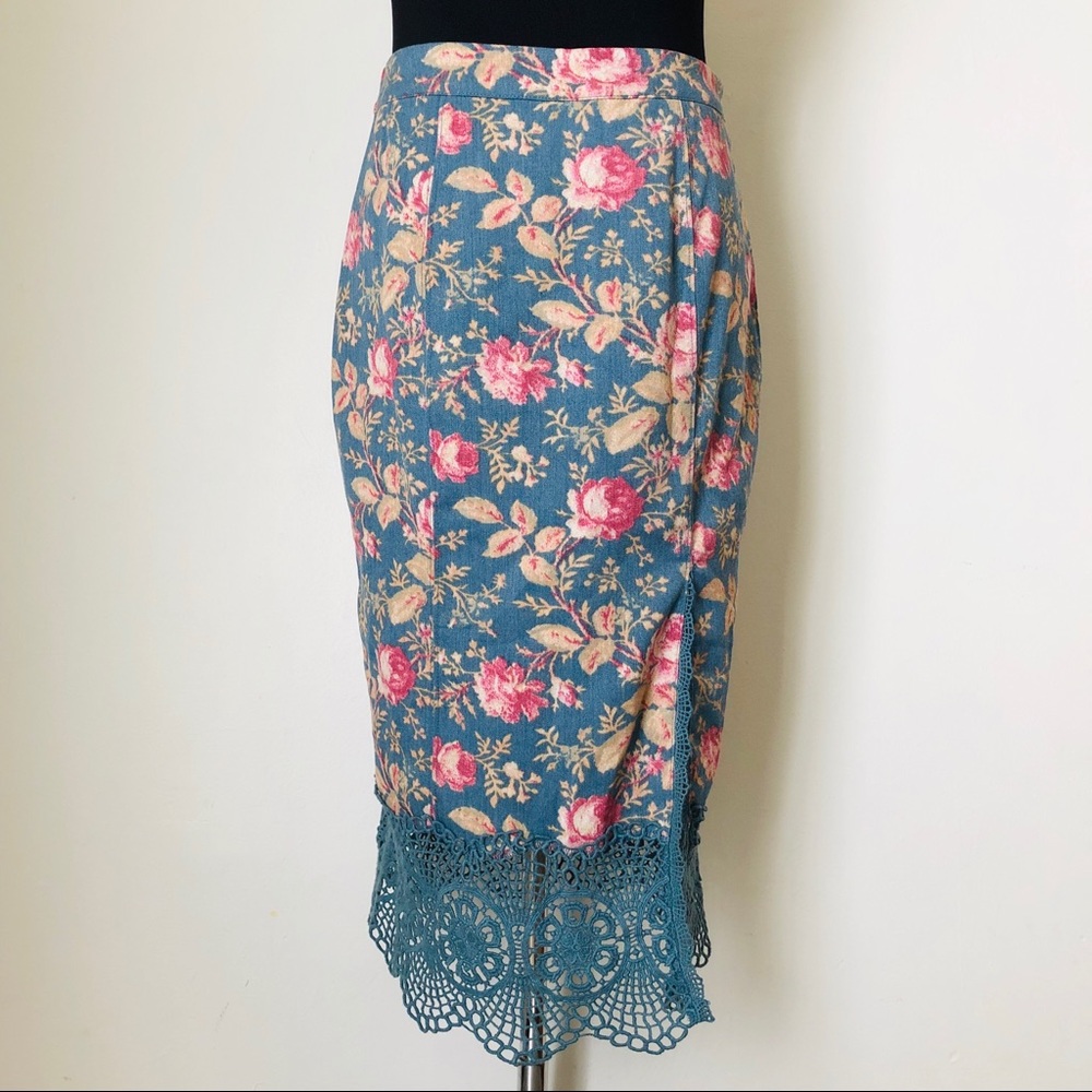 Free People Blue Floral Midi Skirt with Pink Roses